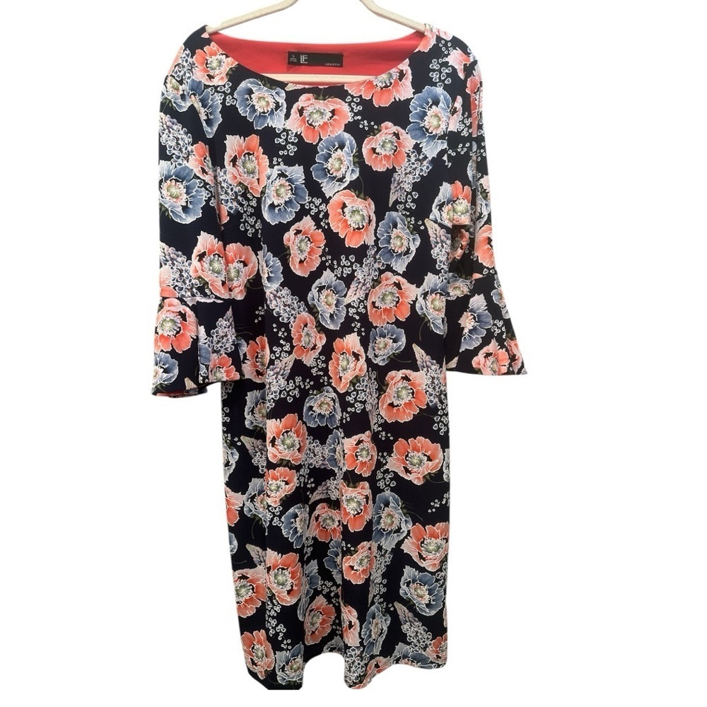 Leslie Fay Floral 3/4 Sleeve A-Line Raised Embroidery Career Office Church Sz 14